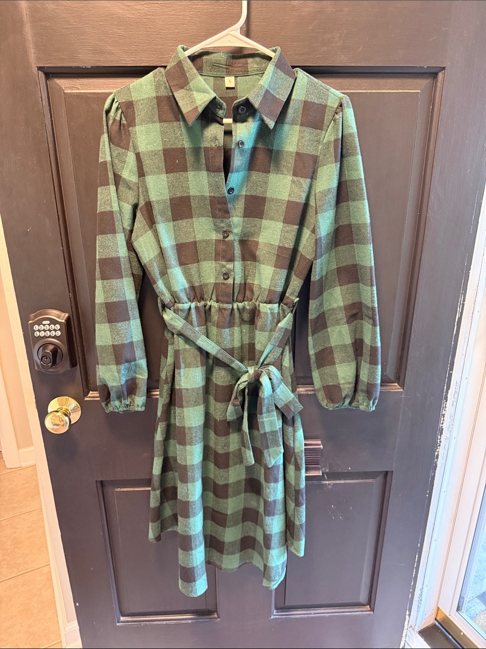 Amazon Green and Brown Plaid Long Sleeve Tie-Waist Dress